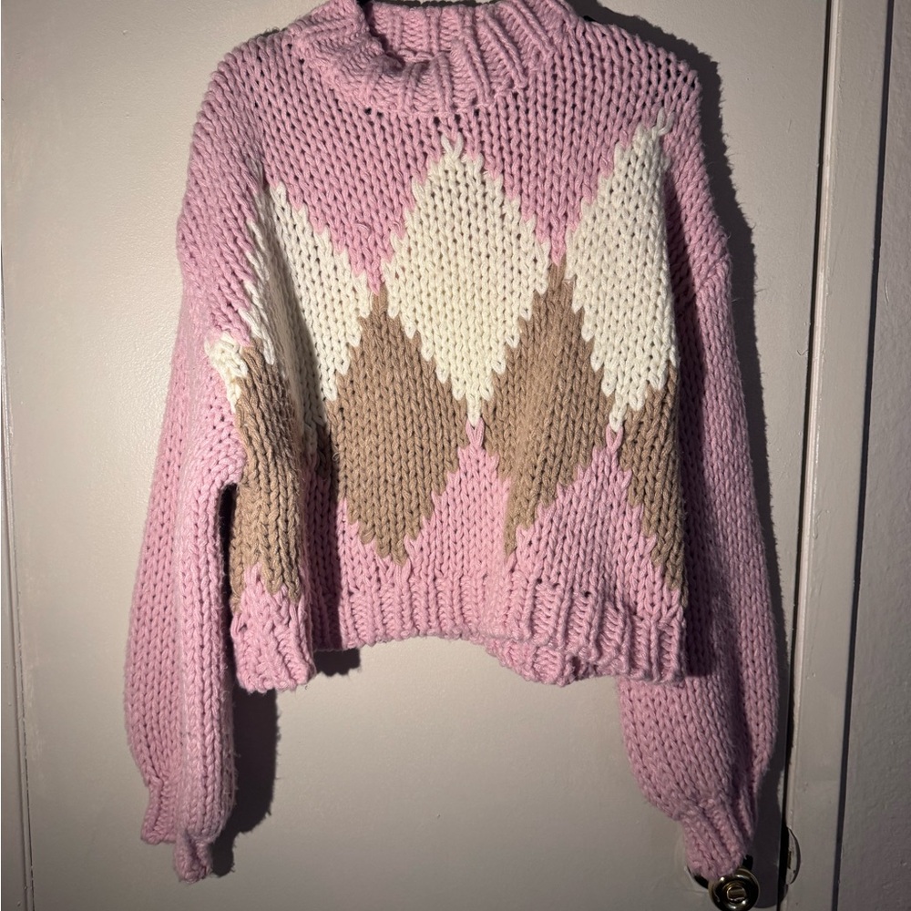 Altar'd State Pink and Cream Argyle Turtleneck Sweater